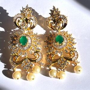 Vintage South Indian Gold plated CZ Statement Earrings 2.5”